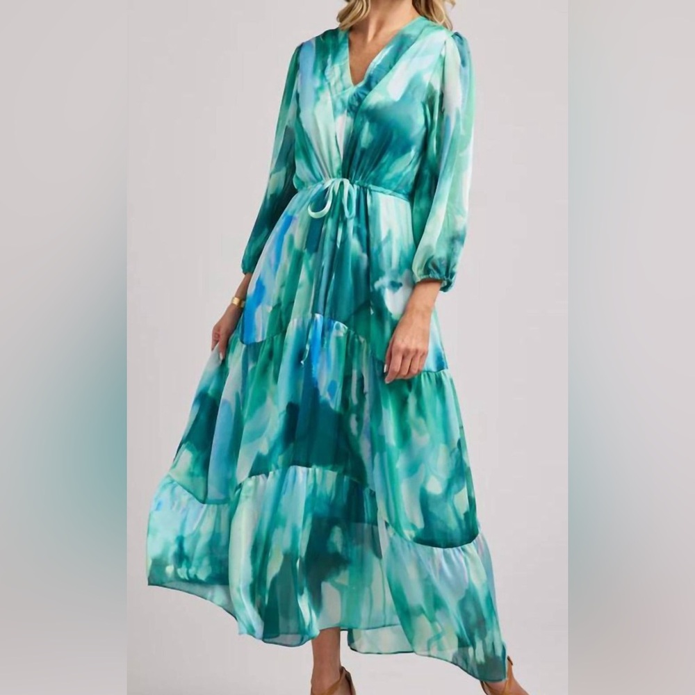 Willa Story Teal Blue Long Sleeve Cinched Waist Dress